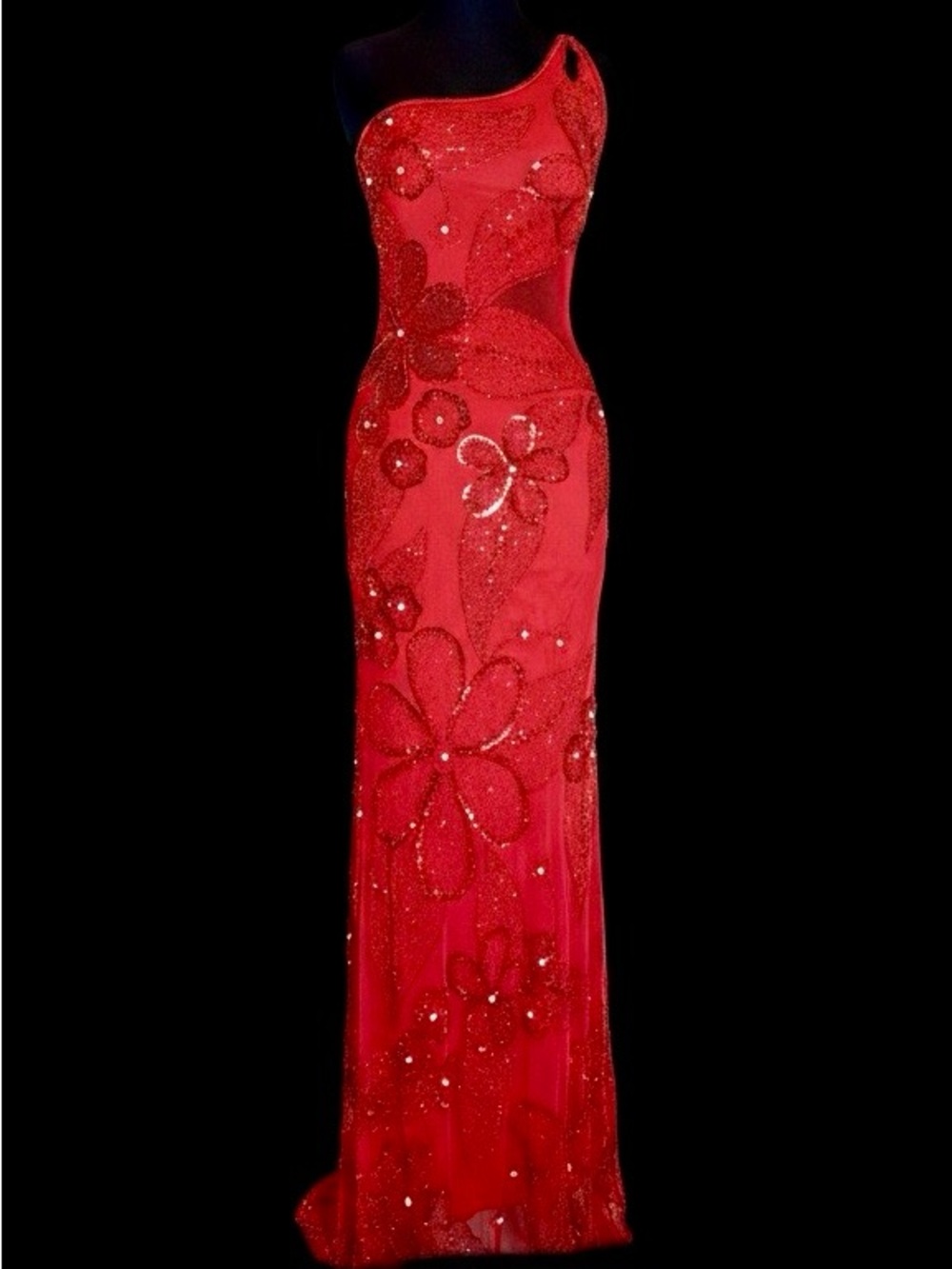 Elegant Red One-Shoulder intricate hand beaded/ rhinestones Evening gown